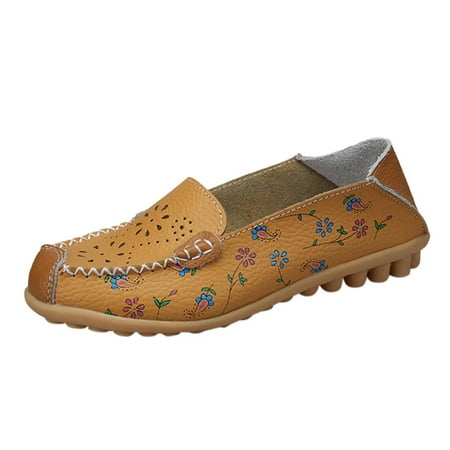 Sexlip Women s Comfortable Hollow Leather Printed Flat Casual Loafers Shoes Slip-On Upper with Rubber Sole Yellow 40