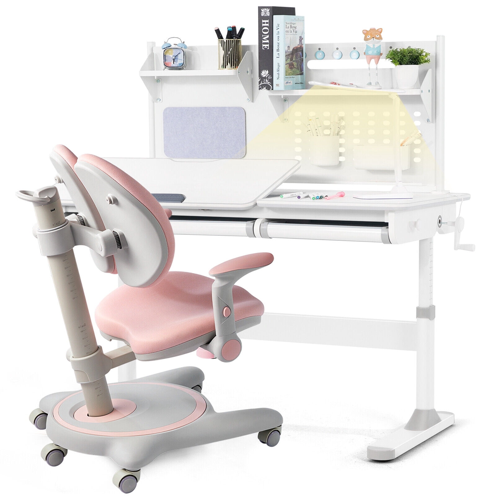 COSVALVE 47" Height Adjustable Kids Study Desk & Chair Set Ergonomic Children Writing Table Girls Gift with Shelf,2 Drawer,LED Lamp