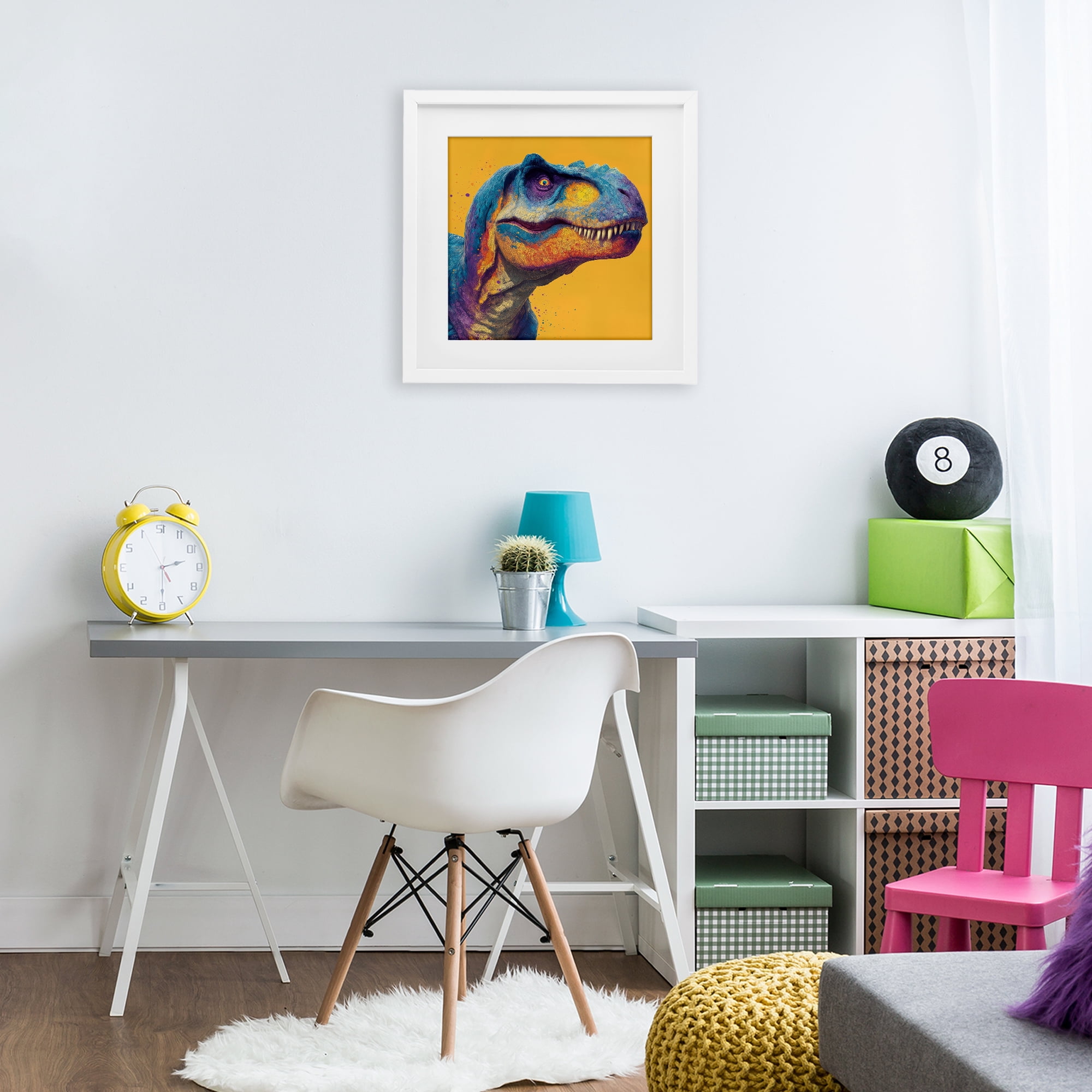 Stupell Industries Vibrant T-Rex Portrait White Framed Print Under Glass, design by Wumples