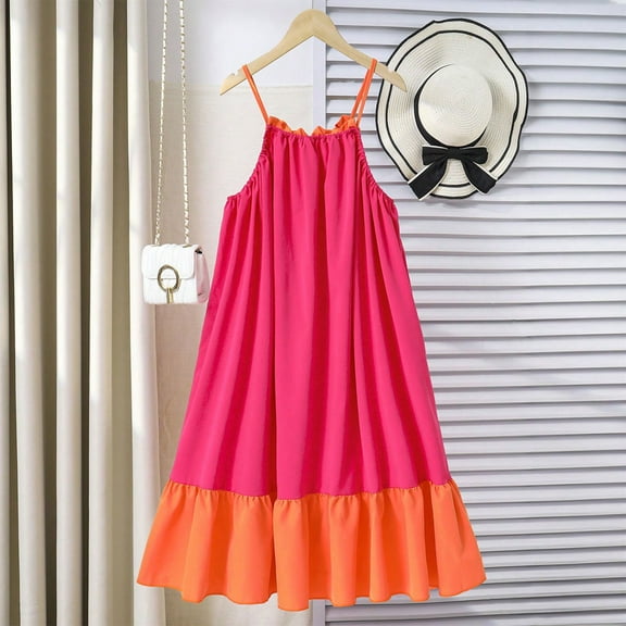 Teen Girl's Color Block Cami Dress Spaghetti Strap Sleeveless Swing Flowy Maxi Dresses Loose Summer Beach Sundress