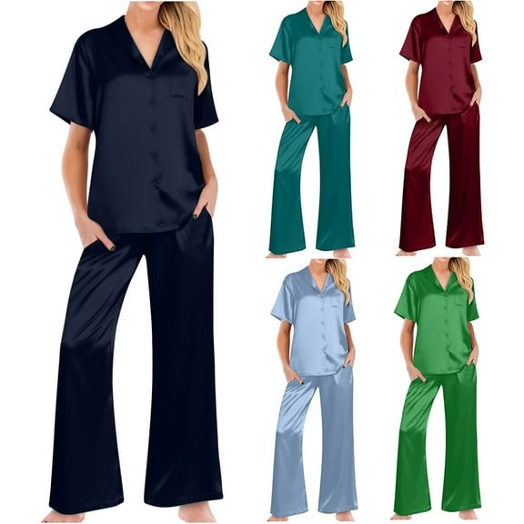 Wlynlyn Womens Satin Pajamas 2 Piece Outfits Short Sleeve V Neck Shirts Wide Leg Pants with Pockets Loungewear