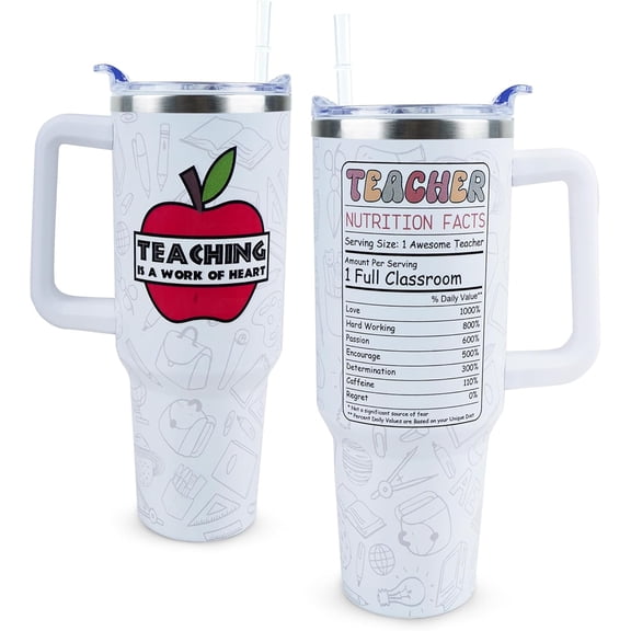 Teacher Tumbler 40 oz Tumbler with Handle and Straw Lid Leak Proof - Best Teacher Ever Coffee Mug Insulated for Hot Cold Iced Drink - Mother''s Day Teacher Gifts for Women Birthday Appreciation Cup
