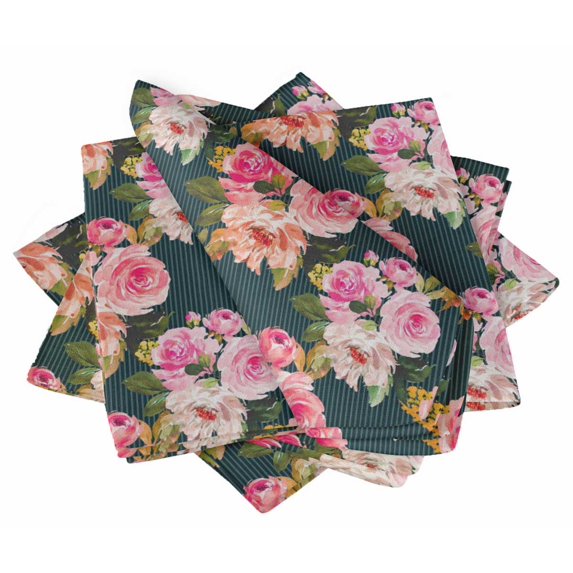 S4Sassy Blue Stripe & Ranunculus Floral Holiday Parties Cloth Table Linen Re-Usable Dinner Napkins Set 18 x 18"(Pack of 6)