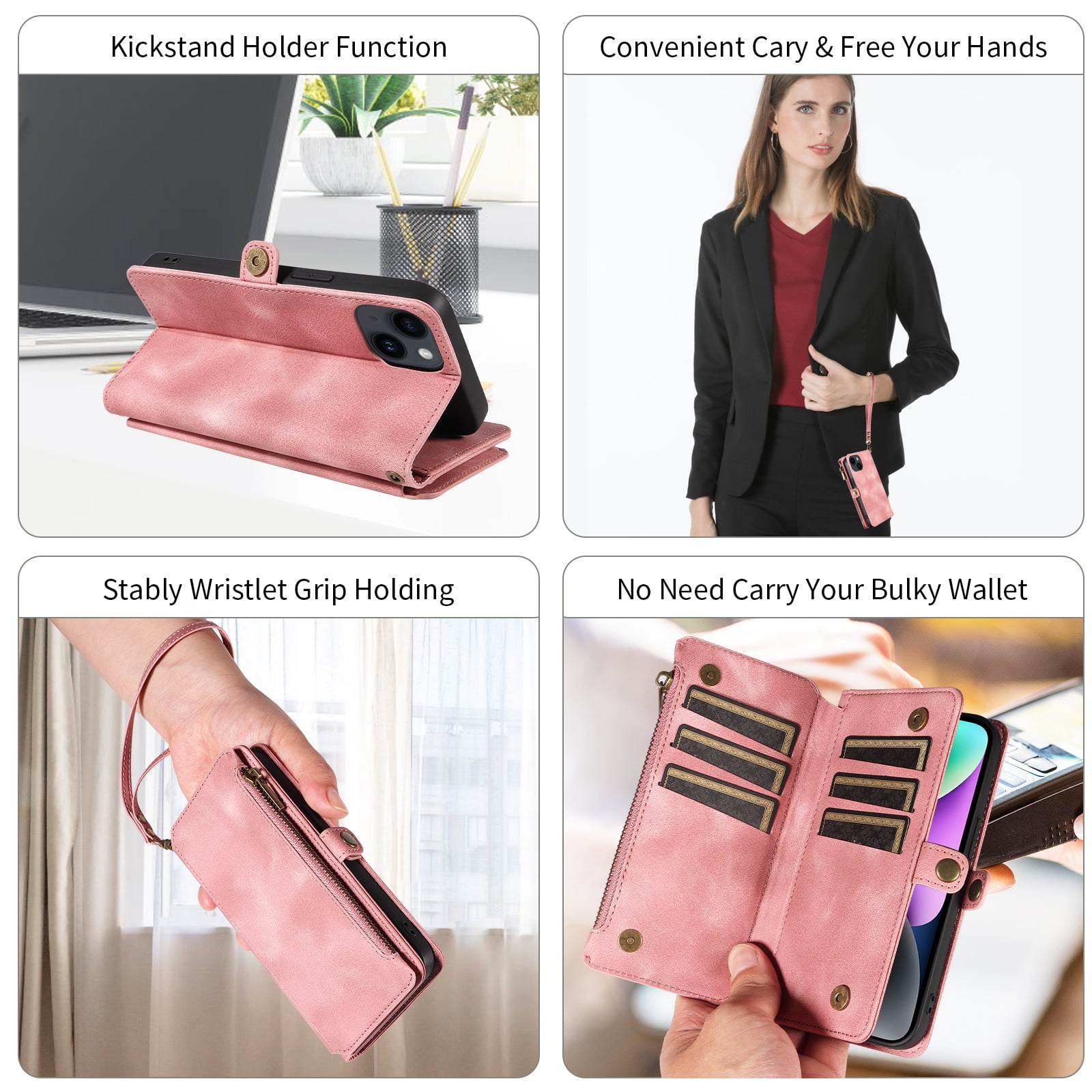 Solennerer Compatible with iPhone 14 Case Wallet with RFID Blocking Card Holder for Women and Men, Fashion PU Leather Magnetic Snap Flip Zipper Strap Wallet Phone Case Fit