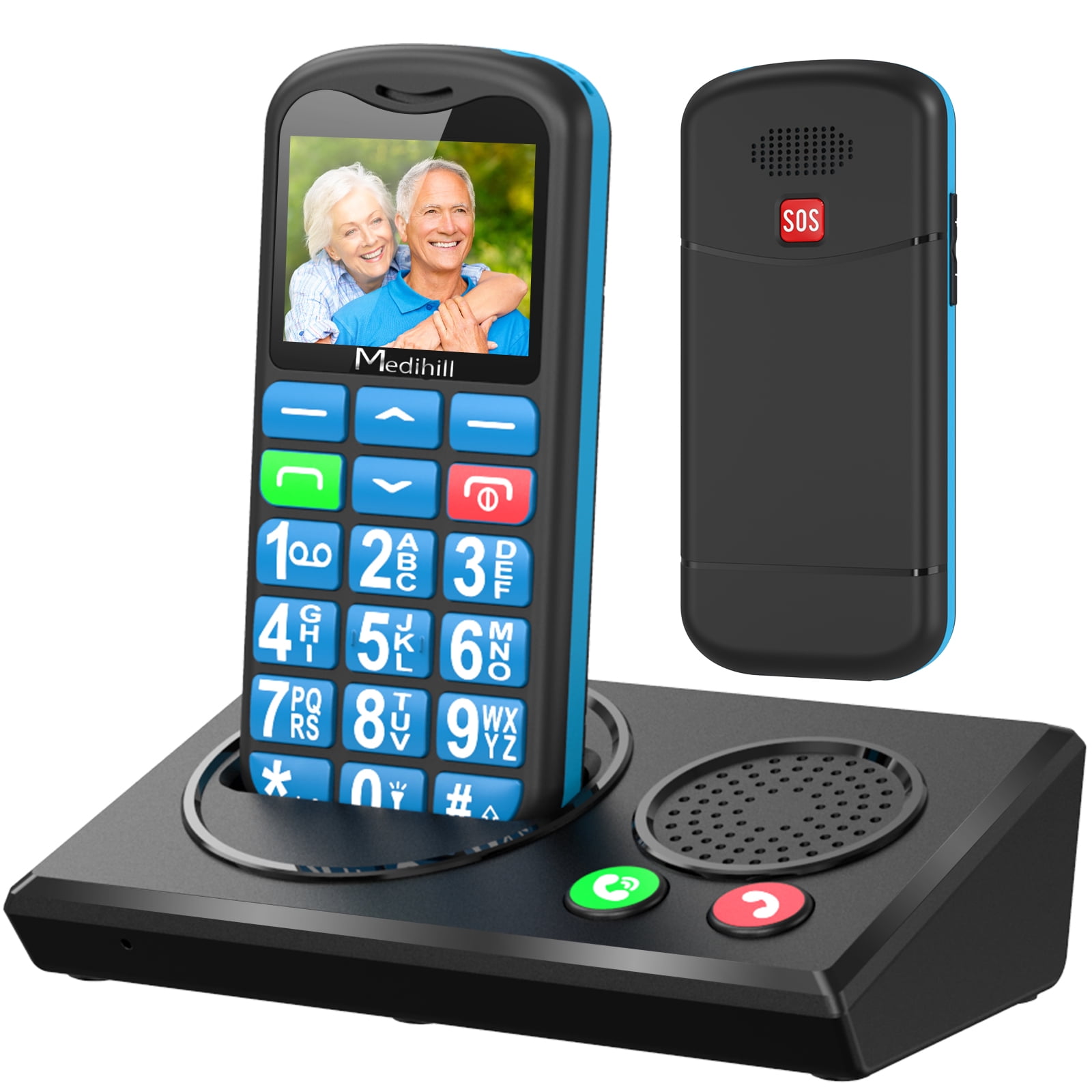 Big Button Mobile Cell Phone SOS for Elderly Senior with Base (Blue) - Medihill