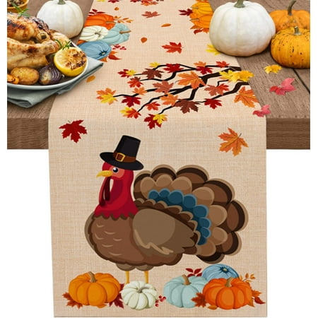 

Thanksgiving Fall Pumpkin Maple Leaves Linen Table Runners for Dining Reusable Dining Table Runners Holiday Party Decorations