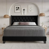 Home Design Monroe King Tufted Upholstered Wingback Panel Bed Frame with Diamond Tufting and Nailhead Trim for Adult Bedroom, Black