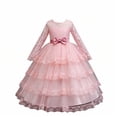 thumbnail image 5 of Girls Maxi Gown Lace Long Sleeve Cinched Bow Belted A-Line Dress Tween Elegant Fluffy Mesh Tiered Layered Evening Dresses Pink 13-14 Years, 5 of 7