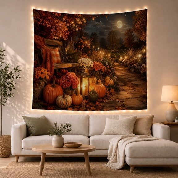 Pumpkins and Lantern on a Moonlit Garden Path, Cozy Realistic Illustration for Pumpkin Lovers, Rustic Wall Art, Halloween Gift, Tapestry Wall Hanging for Entryway and Living Room