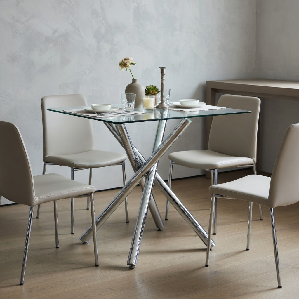 Hommoo Modern 3-Piece Glass Bar Table Set with Adjustable Swivel Bar Stools, Chrome Metal Frame, PU Leather Seating, Compact Counter Height Design for Kitchen Island, Home Bar, White & Sliver
