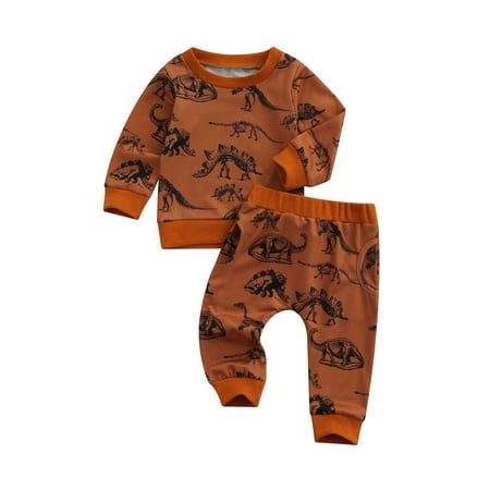 

Suanret 2Pcs Newborn Baby Boy Fall Winter Clothes Dinosaur Print Long Sleeve Sweatshirts Tops Pants Set Brown 0-6 Months