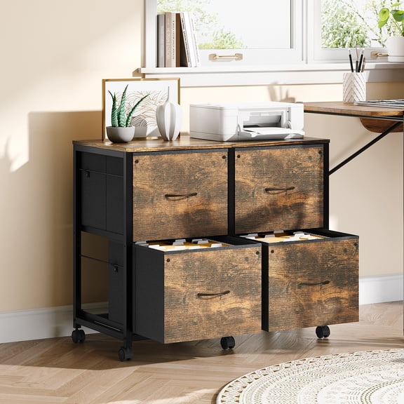 Ktaxon 4-Drawer File Cabinet Fabric Filing Cabinet, Printer Stand, for A4 & Letter-Size, Brown & Black