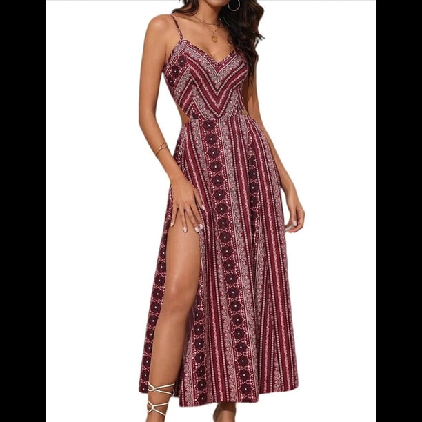 Vestido de Verano para Mujer, , con Escote en V, Estampado Floral, Estilo Tropical, con Abertura Lateral para Playa Vino Tinto XL