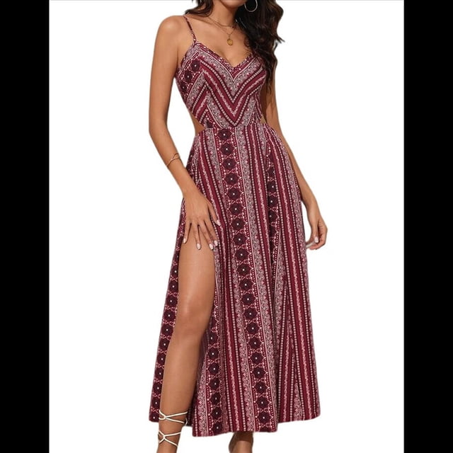 Vestido de Verano para Mujer, , con Escote en V, Estampado Floral, Estilo Tropical, con Abertura Lateral para Playa Vino Tinto M