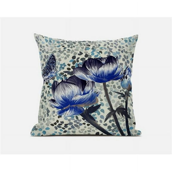Three Roses with Butterfly Throw Pillow with Removable Cover in Indigo Blue Dark Green 18x18