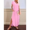 thumbnail image 2 of Summer Casual Maxi Dresses for Women V Neck Cap Sleeve Long Sundress with Pockets Beach Vacation Pink XL, 2 of 8