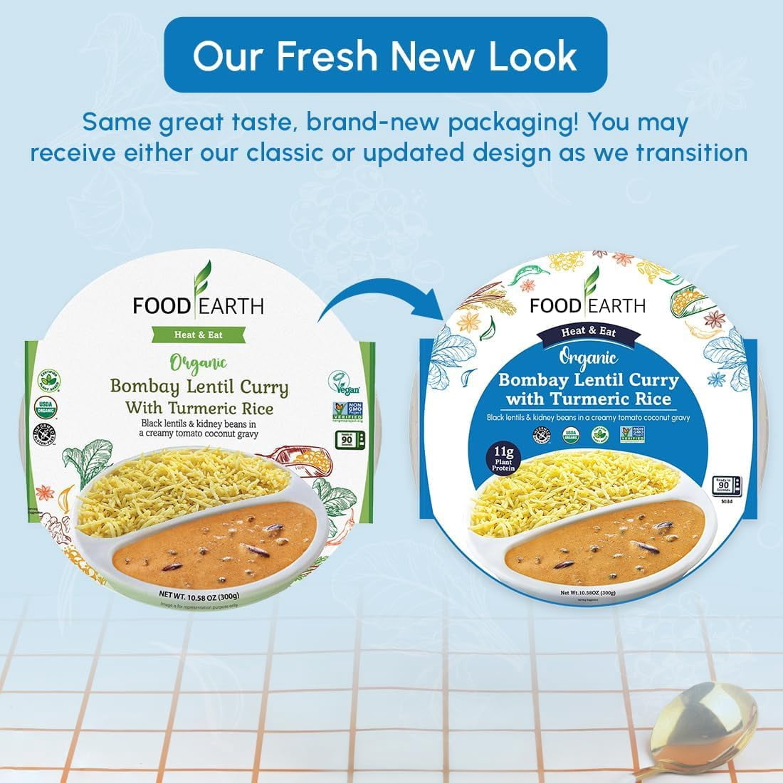 Food Earth -Organic Bombay Lentil Curry with Turmeric Rice Ready to Eat Indian Meal , 100% Organic, Vegan, Gluten-Free, Heat & Serve,10.58 oz, 6 units Shelf Stable
