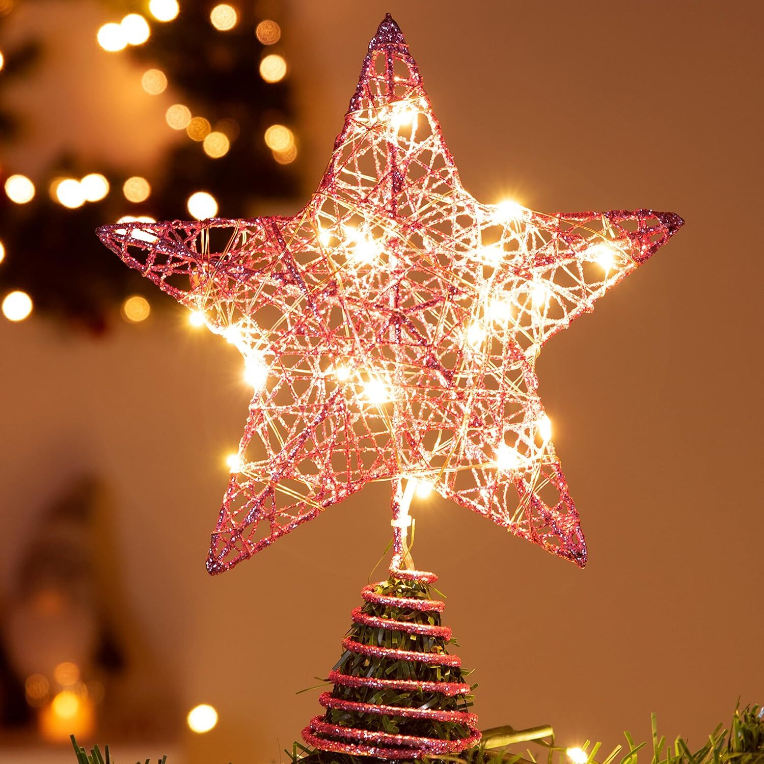 Gogcaro Pink Glitter Christmas Tree Topper with 20 LED Lights photo 5