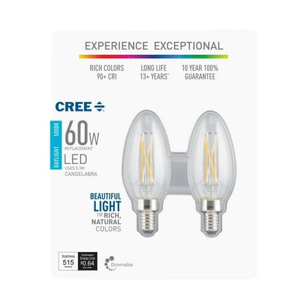 Cree 60W Equivalent Daylight (5000K) B11 Candelabra Exceptional Light Quality Dimmable E12 LED Light Bulb