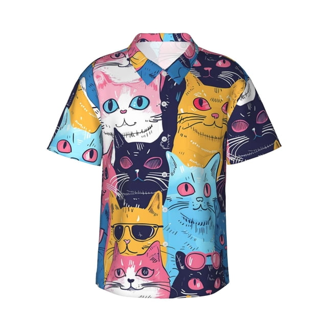 Balery Colorful Cats Pattern Art Camisas hawaianas de manga corta para hombre, camisas playeras de corte holgado, camisas de vacaciones con botones,3X-Large