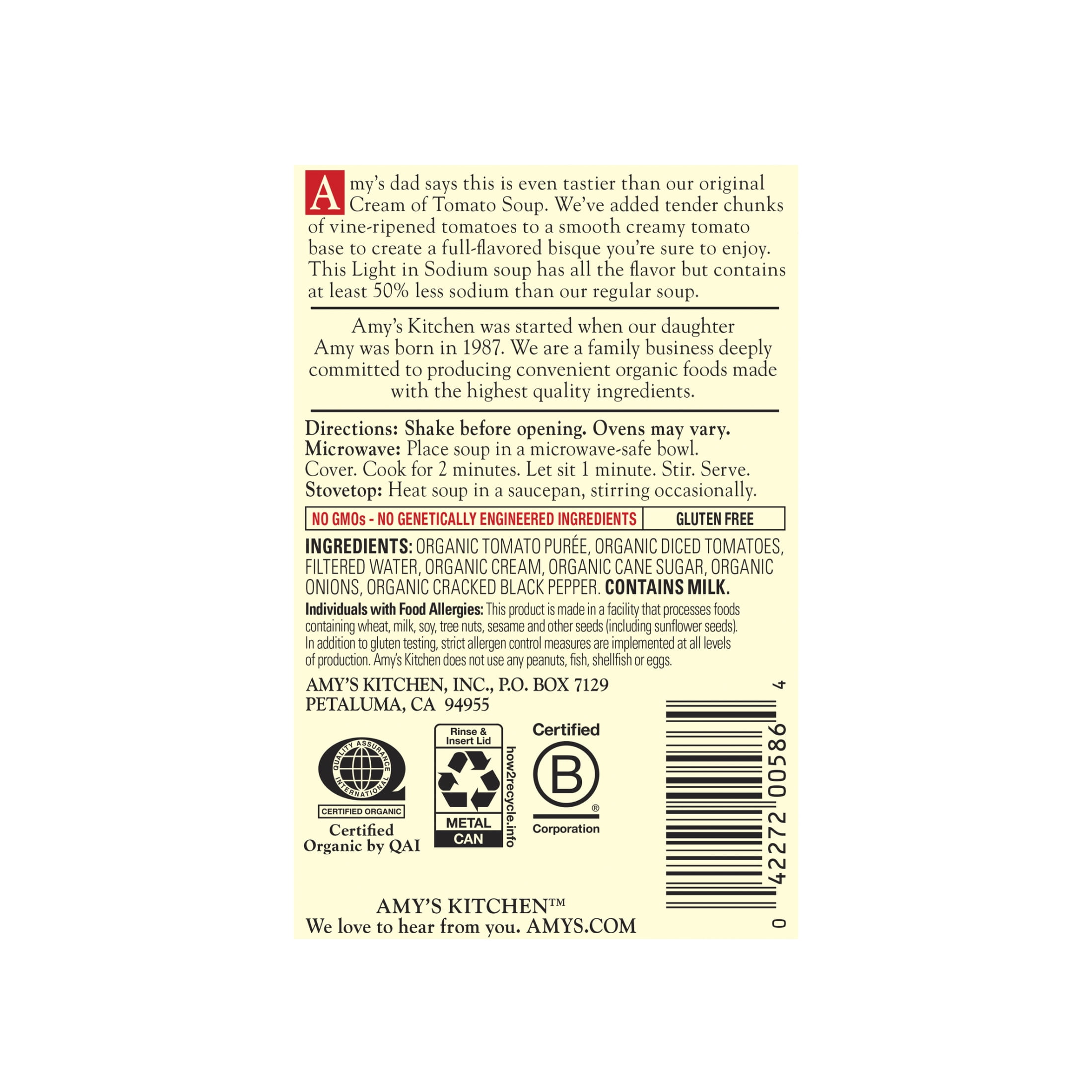(3 pack) Amy’s Soup, Organic Light in Sodium Chunky Tomato Bisque, Made With Organic Tomatoes, Canned Soup, 14.5 Oz
