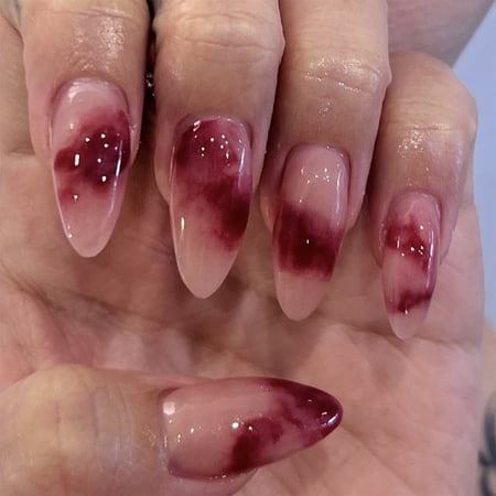 Simple blood red smudge nail wear nude French red almond wear fake nail wholesale