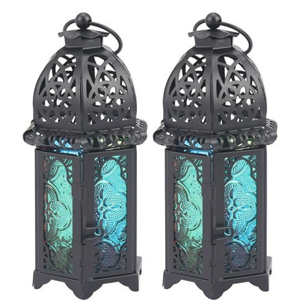 2X Classic Moroccan Decor Windproof Candle Holders Votive Iron Glass Hanging Candlestick Candle Lantern Black