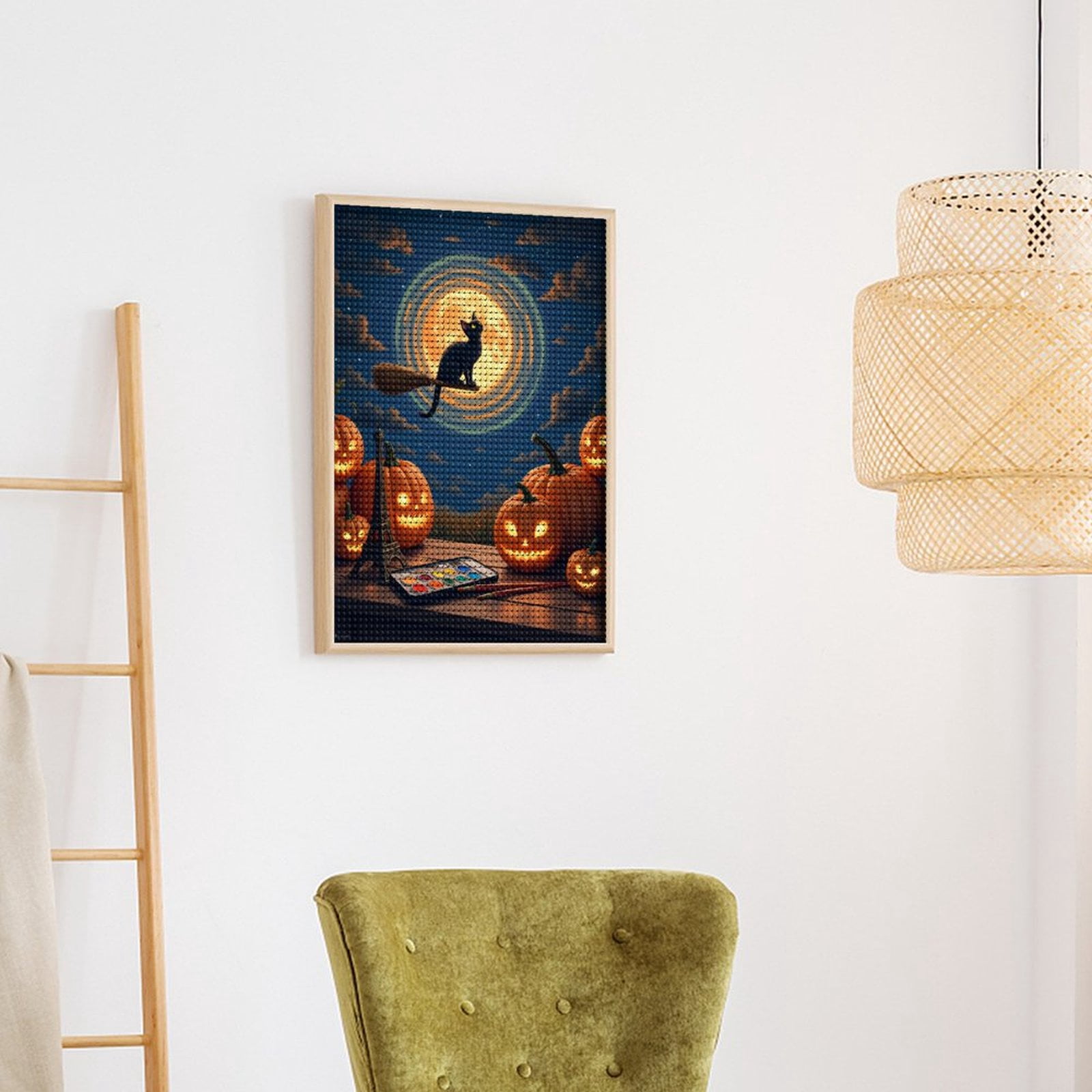 Diamond Art Kits for Adults, Halloween Night Cat Broom Moon Pumpkins 5D Diamond Painting Kits for Adults Beginners, DIY Full Drill Diamond Painting, Gem Art and Crafts 12x16