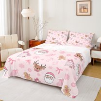 Homewish Kids Children Cartoon Santa Claus Deer 3pcs Twin Sheet Sets,Kawaii Pink Bow Twin Fitted Sheet,Merry Christmas Breathable Flat Sheet,Microfiber Bedroom Decor