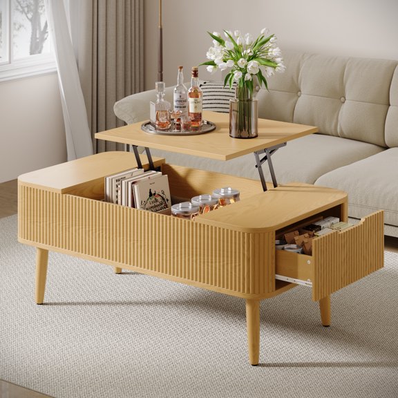 UGTOO Natural Wood Lift-Top Coffee Table – Rustic Storage Desk with 2 Drawers, Adjustable Metal Hinge (47.24" L x 22.04" W x 17.71"H)