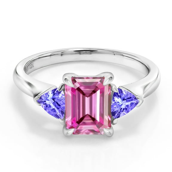 Gem Stone King 925 Sterling Silver 3-Stone Ring Octagon Pink Moissanite and Tanzanite Blue (2.09 Cttw, Size 5)