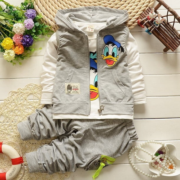 Conjuntos de ropa de dibujos animados de pato Donald para niños, camiseta de moda para bebés, chaleco, abrigo y pantalones, traje de 3 uds, trajes deportivos de Mickey, 12M Gao Jinjia LED