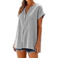thumbnail image 2 of Htigea Women's Short Sleeve Button Down Shirts Cotton Linen Striped Tops Summer V Neck Tee Casual Loose Tshirt Black S, 2 of 7