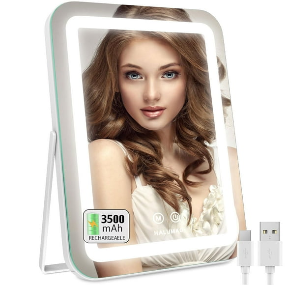 halumao 14.5" Rechargeable Vanity Mirror with Lights, 3500 mAh Lighted Makeup Mirror, Smart Touch 3 Colors Dimmable, Tabletop Mirror for Makeup Desk, Memory Function