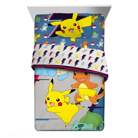Pokemon Kids Full Bed in a Bag, Gaming Bedding, Comforter and Sheets, Blue and Grey