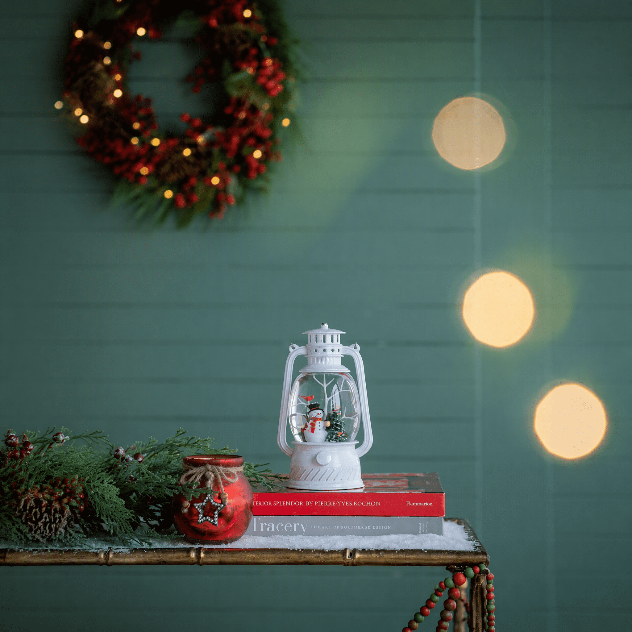Lighted White Spinning Lantern Christmas Decor with Snowman and Tree 6 Hour Timer Plastic Polyresin Tabletop Holiday Accent