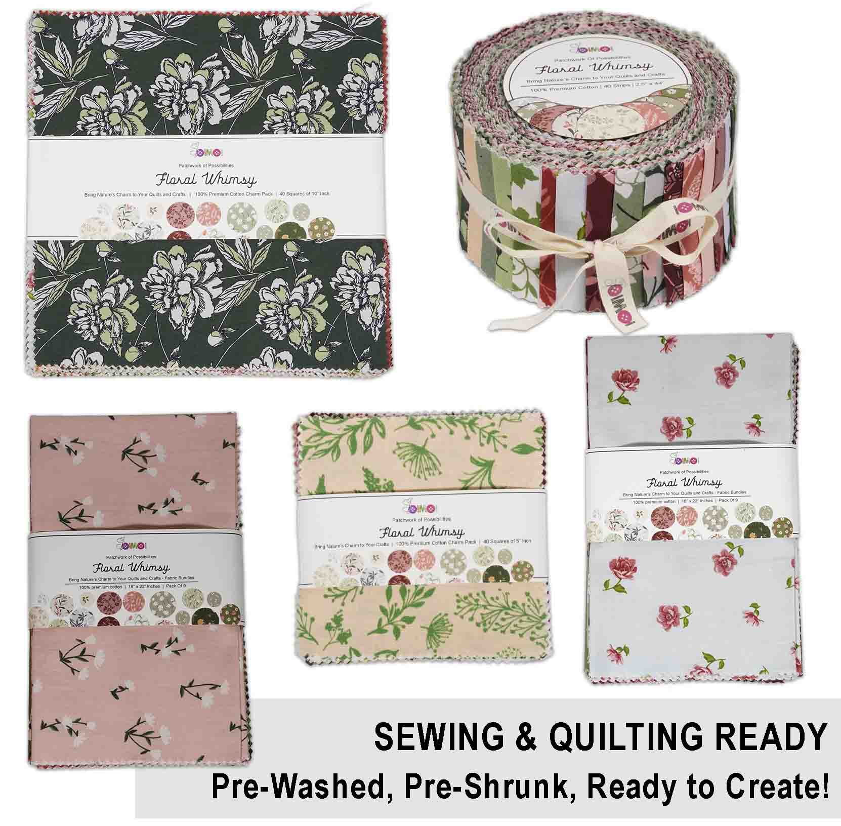 40 Pcs Cotton Bundles Charm Packs for Quilting, Precuts Quilt Squares 10 x 10 inches, Fabric Scraps for Crafts, Fat Quarter Layer Cakes, DIY Fabric Bundle Squares - Floral Whimsy