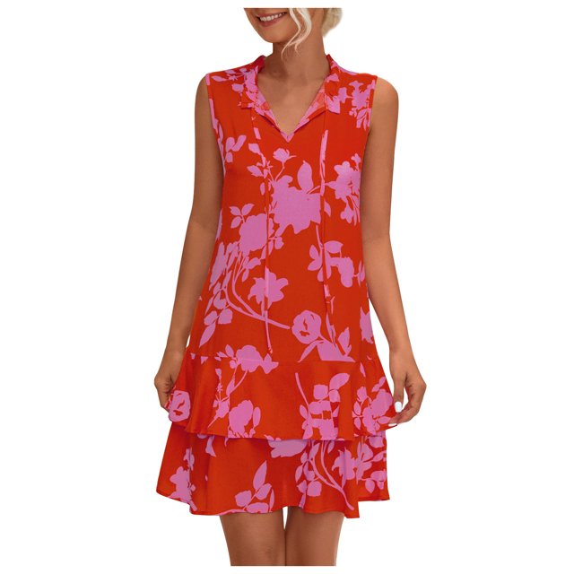 Vestido de volantes de encaje estampado con cuello en V sin mangas para mujer OAVQHLG3B Store lin121212