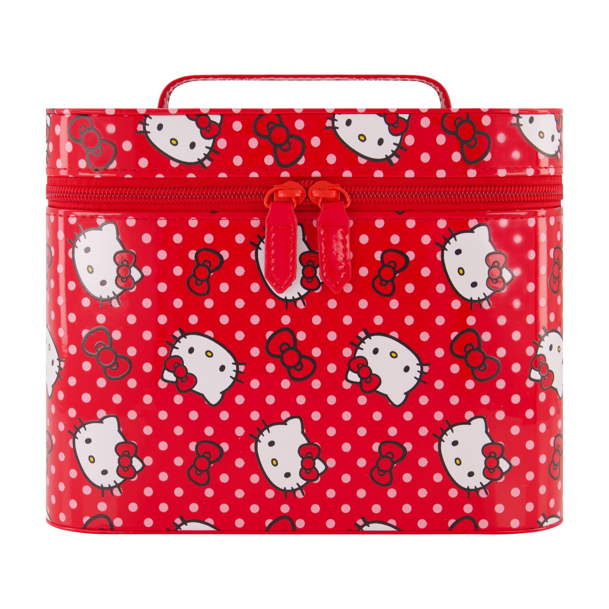 Hello Kitty Large Cosmetic Travel Case Organizer, Portable Makeup Box with Mirror and Dual Zipper, Red