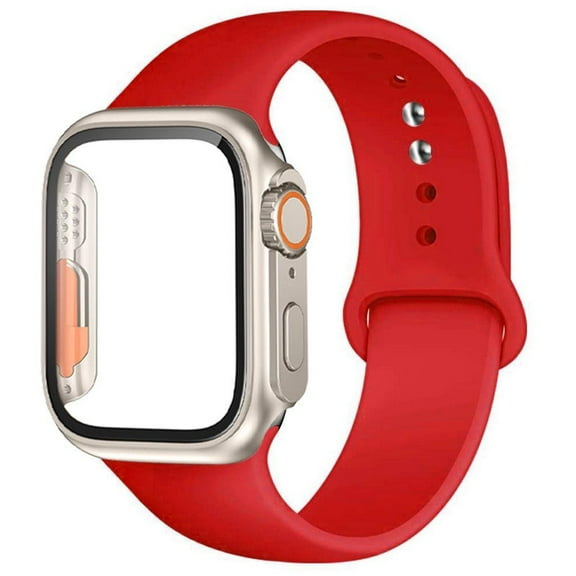 ALMNVO Sport Silicone Band Glass Hard Case Cover Compatible with Apple Watch Bands and Case 45mm 44mm 41mm 40mm Women Men, Sport Strap and Tempered Glass Bumper for iWatch Series 9 8 7 SE 6 5 4