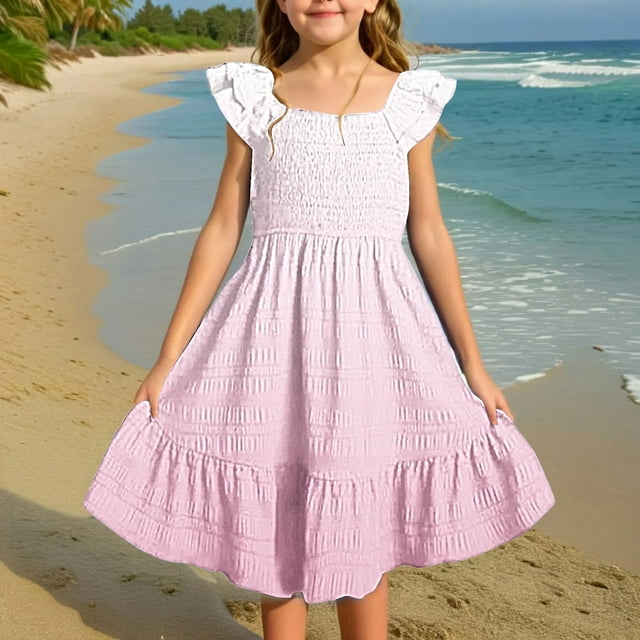 FYDUU Robes d'Été pour Filles Couleur Dégradée Manches à Volants Double Couche Robe Smockée Fluide Robe Décontractée Robe Soleil Ligne A Robes Midi 11-12 Ans