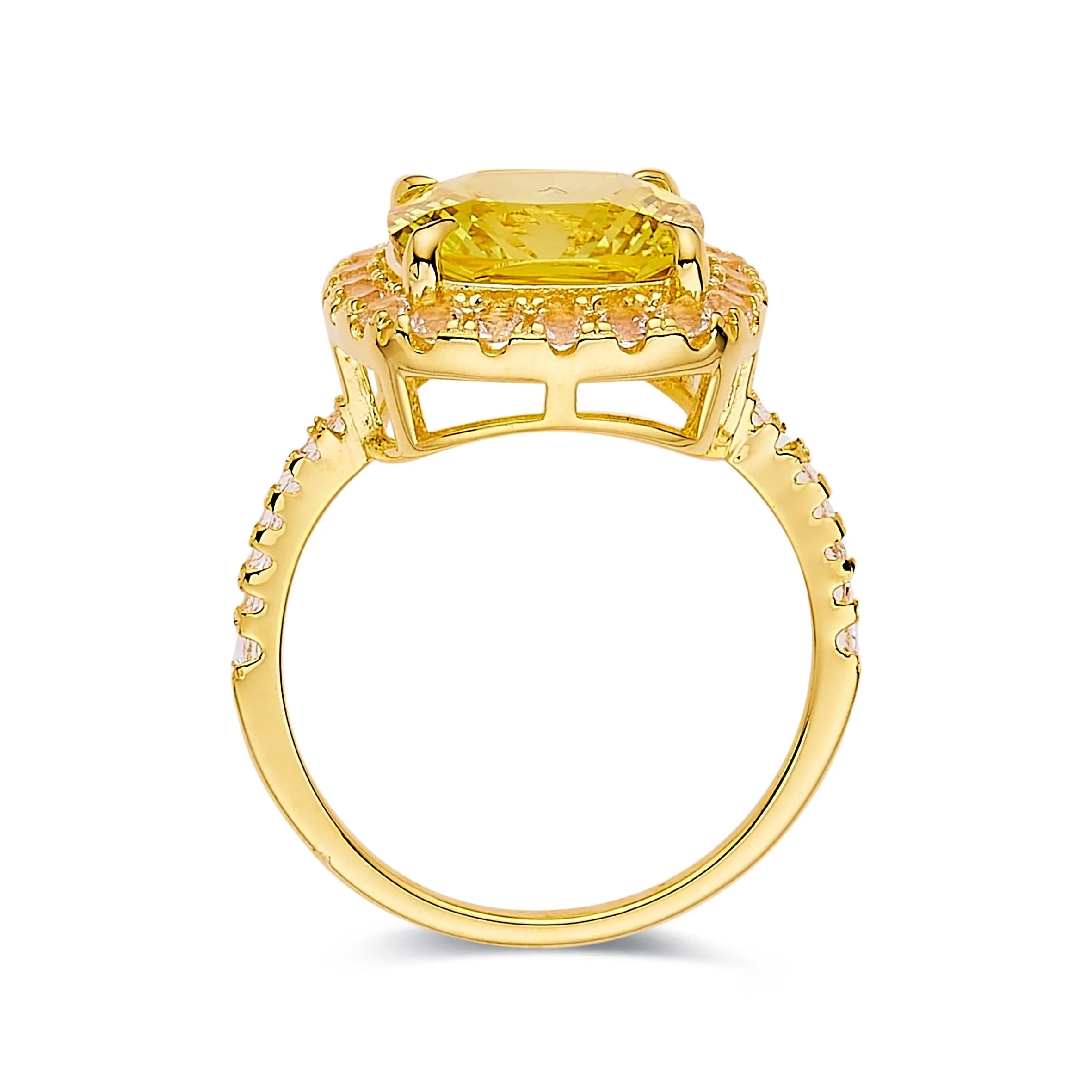 Fine Color Jewels Lab Grown Canary Yellow Sapphire Halo Ring 925 Sterling Silver 18K Yellow Gold Plated 4 Ct Cushion Cut  Women's