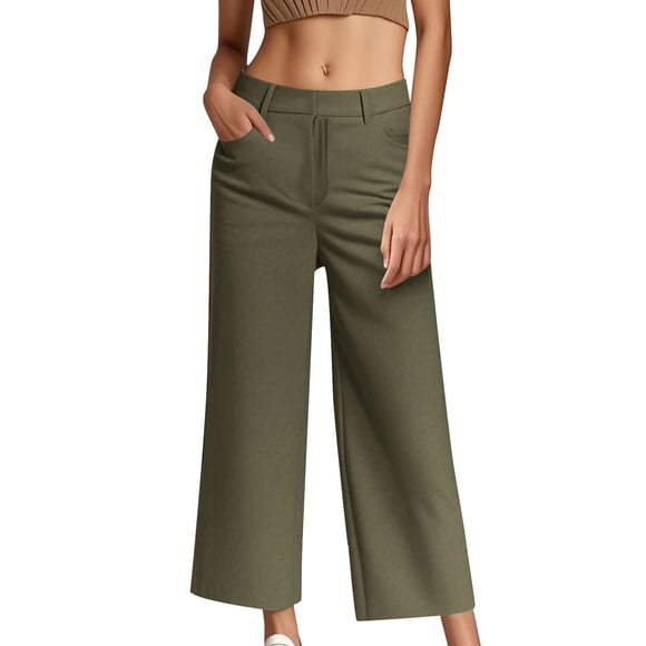 UAMVSH Wide Leg Capris for Women Trendy Mid Waist Chino Capri Dress Pants with Pockets Casual Business Work Twill Cropped Trousers Pants