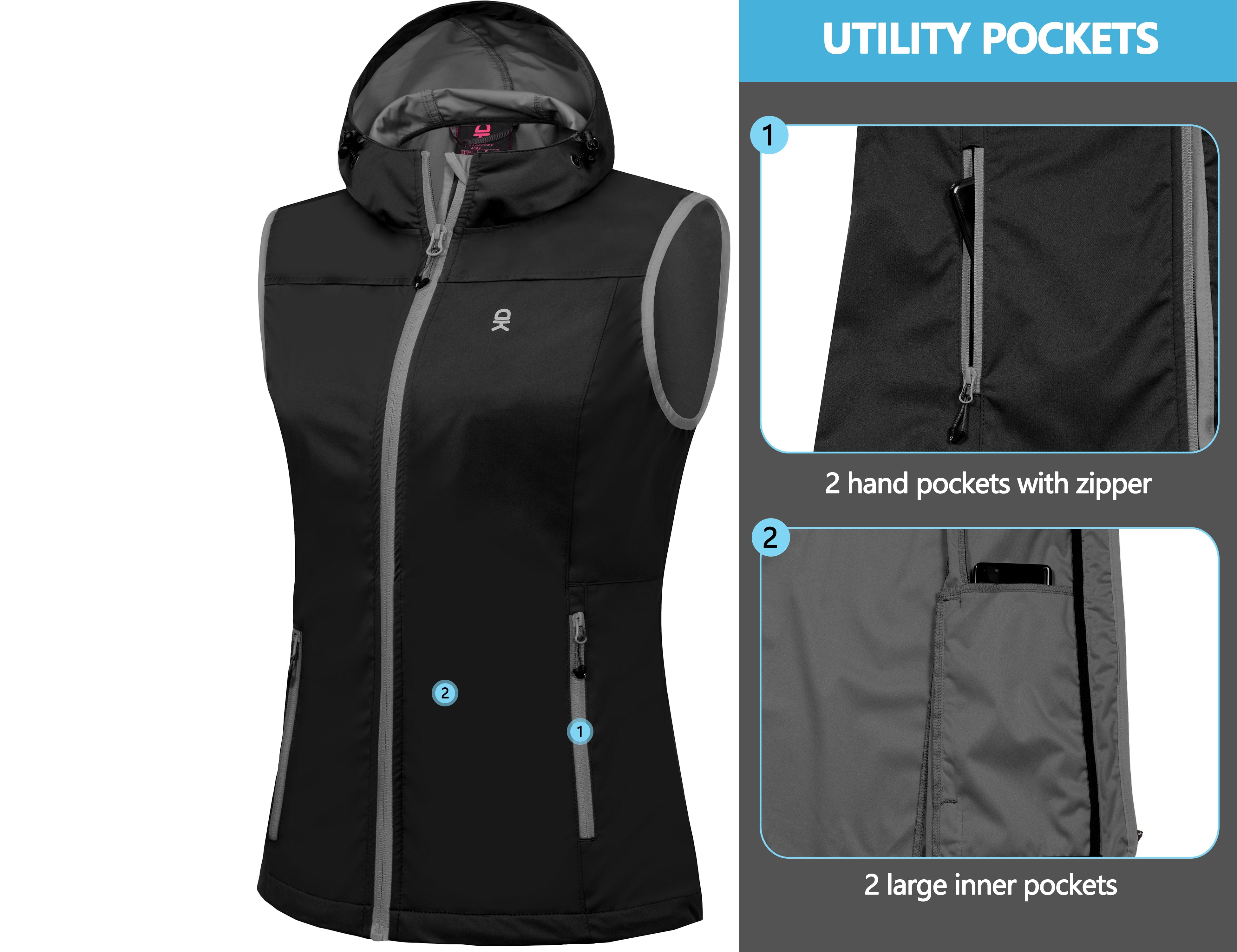Little Donkey Andy Women's Lightweight Softshell Vest, Hooded Windproof Sleeveless Jacket for Golf Travel Hiking Running Black XXL