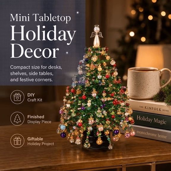 DIY Beaded Christmas Tree Kit, Crystal Holiday Craft Set with Colorful Beads, Ornament Charms, Metal Frame and Angel Topper, Tabletop Christmas Decor