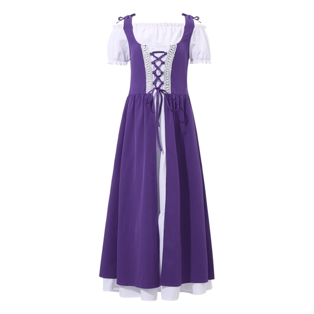 RUNQHUI Robe Princesse à Manches Courtes Lacée Renaissance Médiévale pour Filles Danse Performance Violet Foncé 10