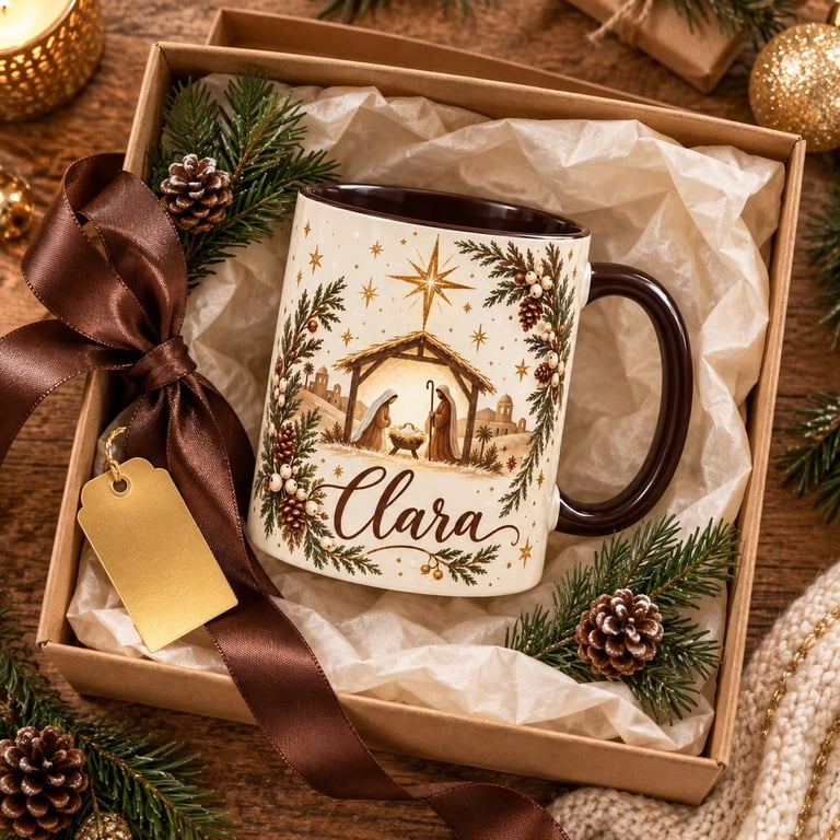 Personalized Nativity Manger Mug, Cream Brown Christmas Gift - Walmart.com