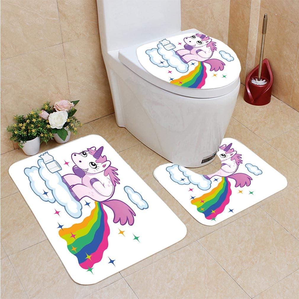 GOHAO Funny Unicorn Pooping Rainbow Over Clouds Kids Girls Fairy Tale Fantasy Cartoon 3 Piece Bathroom Rugs Set Bath Rug Contour Mat and Toilet Lid Cover