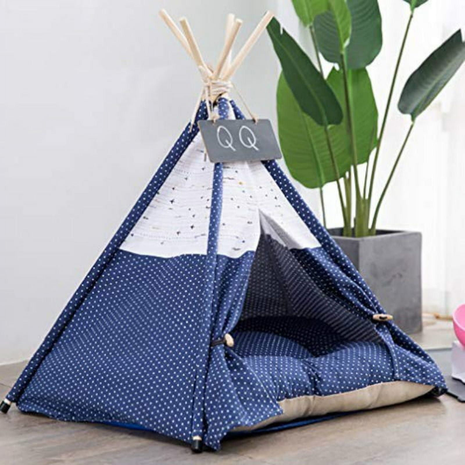 Pet Tent House Cat Bed Portable Teepee With Thick Cushion And 6 Colors Available For Dog Puppy Excursion Outdoor Indoor  40cm navy blue polka dot