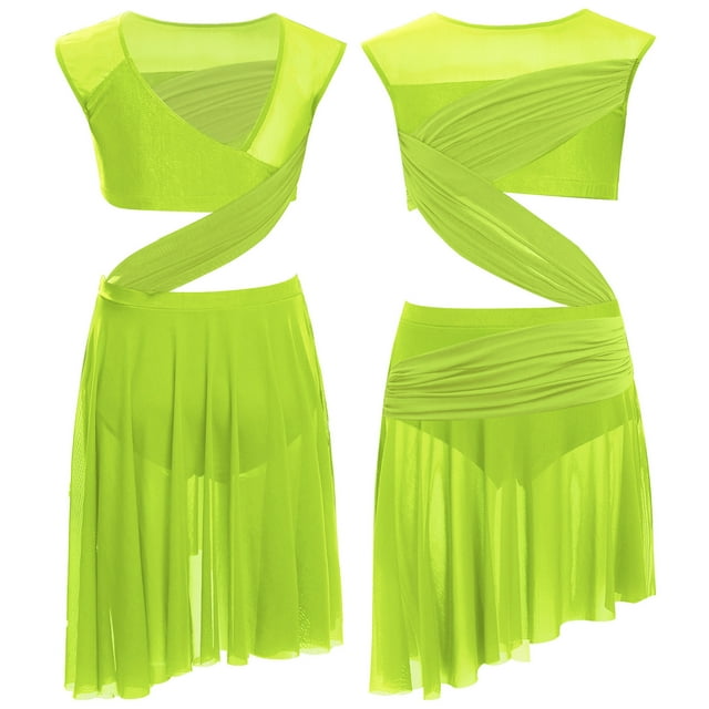 Runhomal Justaucorps de Danse Lyrique pour Enfant Fille avec Jupe Asymétrique en Maille Transparente Scintillante, Jaune Fluorescent 6